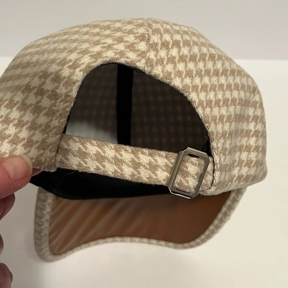 Houndstooth Baseball Cap, PU Leather Brim